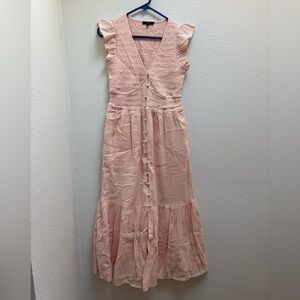 Quince Pink Organic Textured Cotton Smocked V-Neck Midi Dress Size Xs